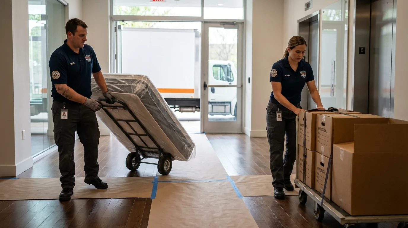 Professional apartment movers loading elevator in Locust Grove, GA