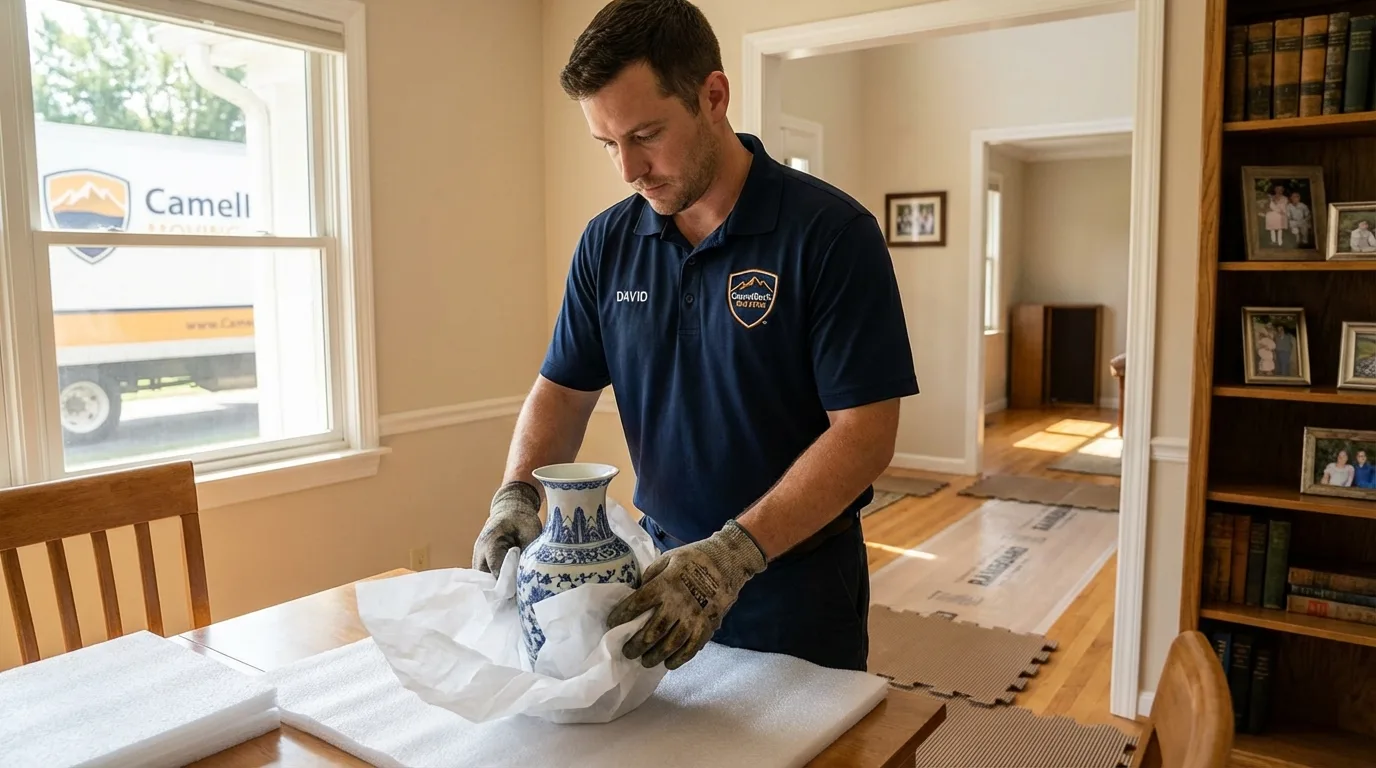 Professional crew carefully wrapping antique vase for senior downsizing move in Locust Grove, GA